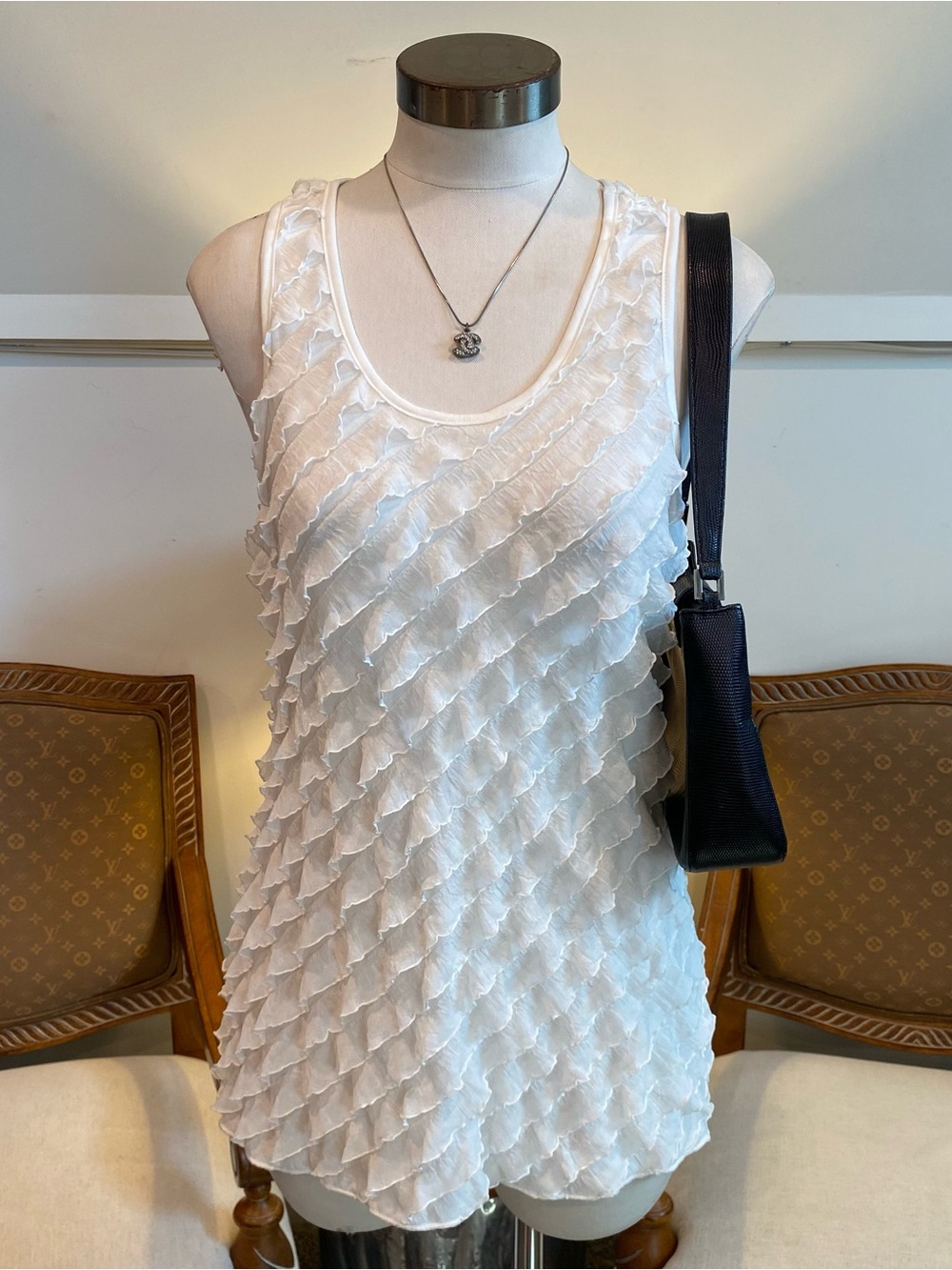 Y2K White Ruffle Tank Top - Scoop Neck & Racerback, Size M
